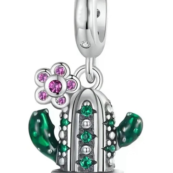 Silver and Green Cactus Charm with Pink Flower - Picture 2 of 3